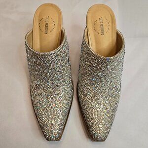 ARIDER Women Rhinestone Crystal Stacked Heel Snip Toe Western Mule Sz 6 Slip-On